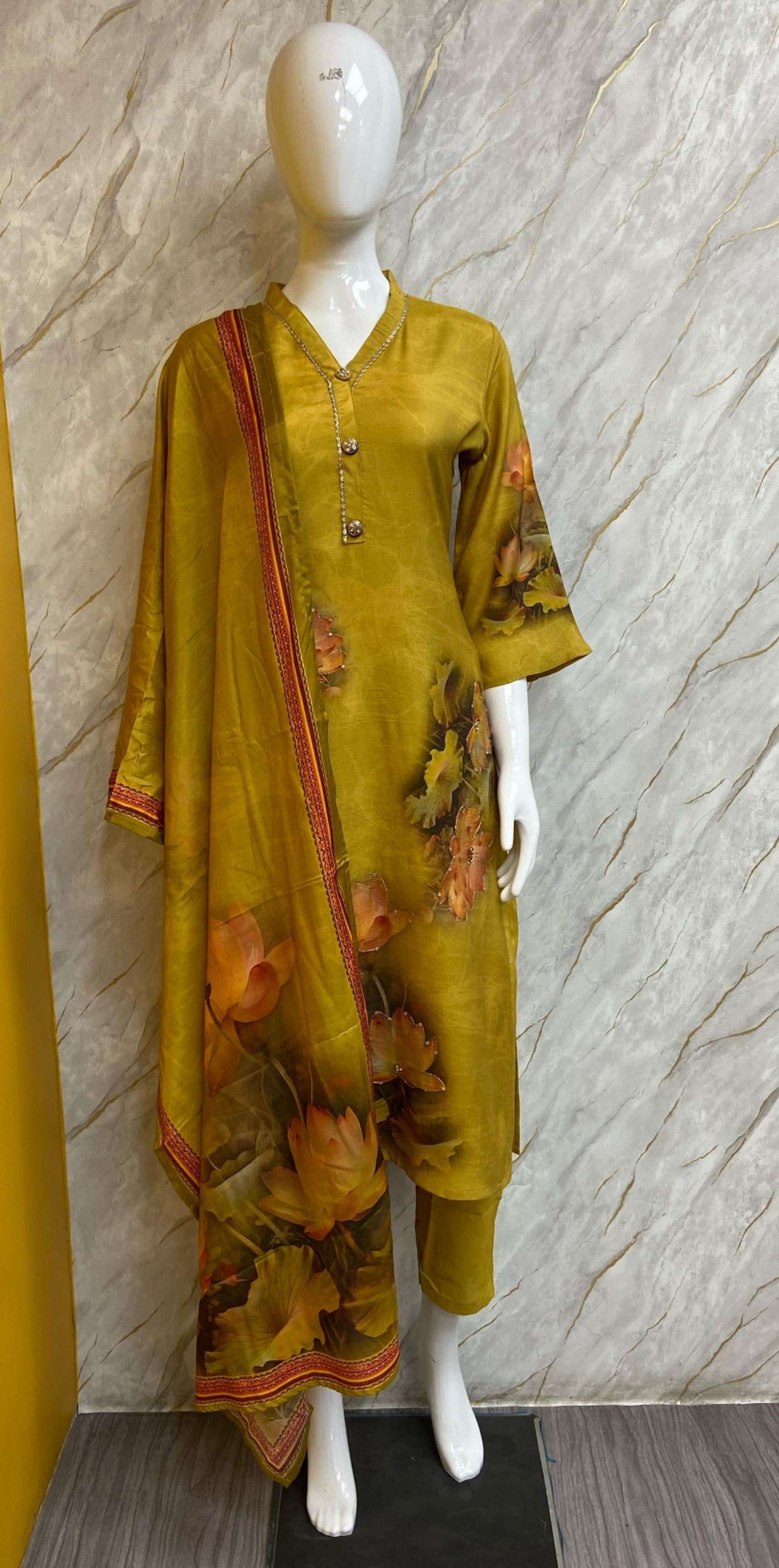 BEMITEX INDIA PRESENTS PURE MUSLIN WITH DIGITAL PRINT & PURE HANDWORK READYMADE V NECK 3 PIECE SUIT WHOLESALE SHOP IN SURAT